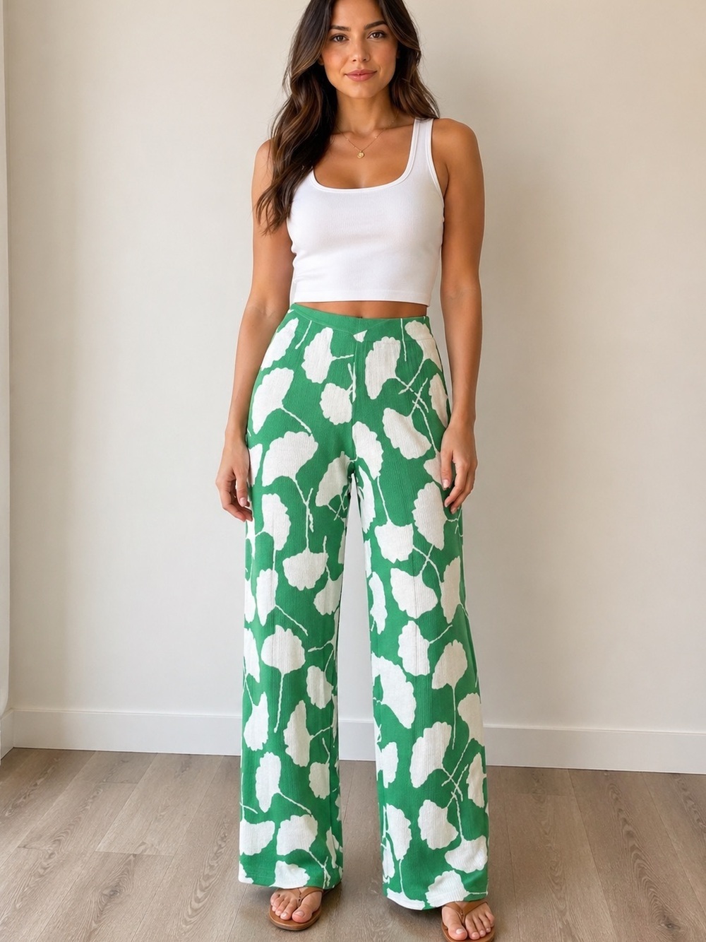 Diane von Furstenberg Knit Wide Leg Pants – Green/White Print – Size M – NWT - Picture 1 of 3